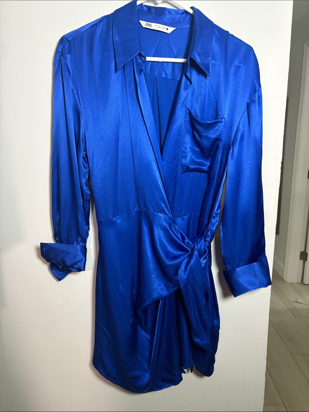 ZARA Royal Blue Satin Wrap Blouse Dress size Small